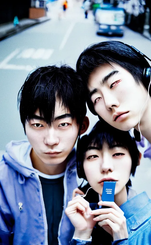 Image similar to ! dream! dream close - up portrait of japanese teenagers male and female, street photography, blue scheme, economic boom, punks, highly realistic, photography, highly detailed, cinematic lighting, tokyo, fashion, wearing sony walkman and headphones, cinestill 8 0 0 t