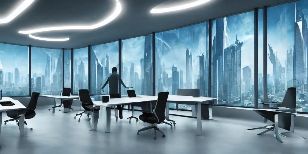 Prompt: an sci - fi futuristic ceo office with levitating chairs, windows of a futuristic city in the background hyper - realistic digital art