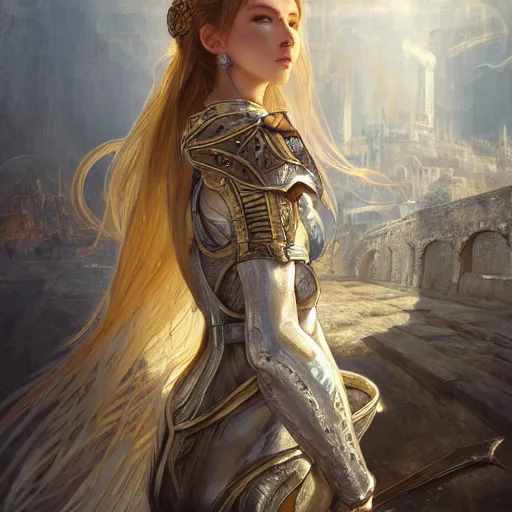 Image similar to portrait knights of Zodiac girl, silver and ice color reflected armor, in ruined Agora of Athens, ssci-fi, fantasy, intricate, very very beautiful, elegant, golden light, highly detailed, digital painting, artstation, concept art, smooth, sharp focus, illustration, art by tian zi and WLOP and alphonse mucha