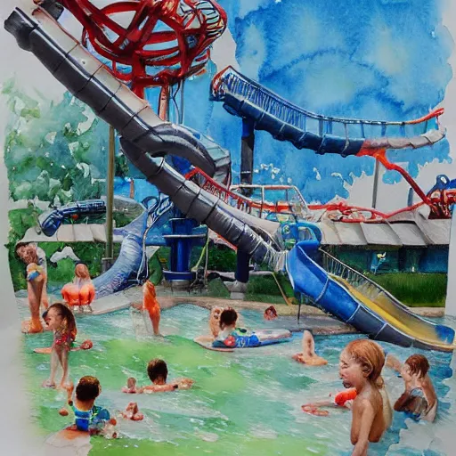 Image similar to water color on paper, water park fun, highly detailed, artstation, masterpiece, award - winning,