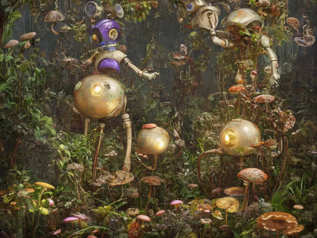 Prompt: victorian robot with mushrooms growing in a spheroid forest, 3d render, nightlight Study, by Jan Davidsz de Heem and Lisa Frank, Art Nouveau, 8k, extreme detail, sharp focus, octane render