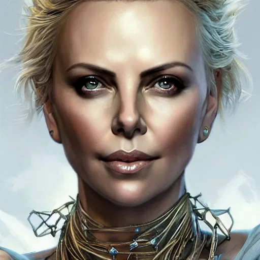 Image similar to a portrait of charlize theron as a sorceress, upper half portrait, urban motifs, intricate, elegant, highly detailed, digital painting, trending on artstation, concept art, smooth sharp focus, illustration, art by artgerm and greg rutkowski