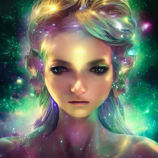 Image similar to portrait of a magical fairy made of galaxies, highly detailed, realistic, octane render, comic book art, space travel, unreal engine, sharp focus, cinematic