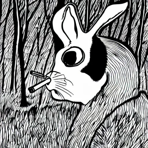 Image similar to an epic profile of a rabbit smoking a cigarette deep in the forest, striking pose, black and white illustration, creative design by junji ito