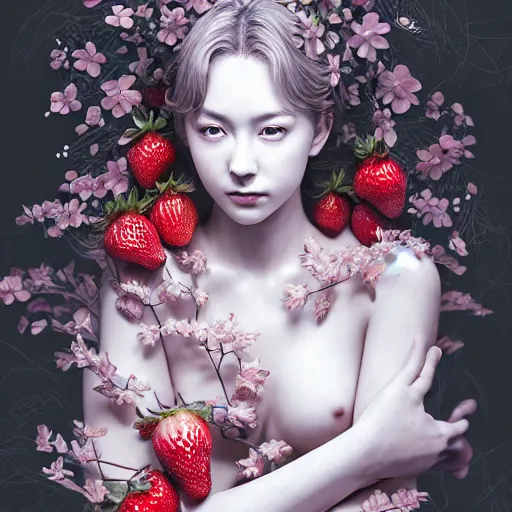 Image similar to the portrait of an absurdly beautiful, graceful, elegant, sophisticated, fashionable young gravure idol made of strawberries and white petals, an ultrafine hyperdetailed illustration by kim jung gi, irakli nadar, intricate linework, bright colors, octopath traveler, final fantasy, unreal engine 5 highly rendered, global illumination, radiant light, detailed and intricate environment