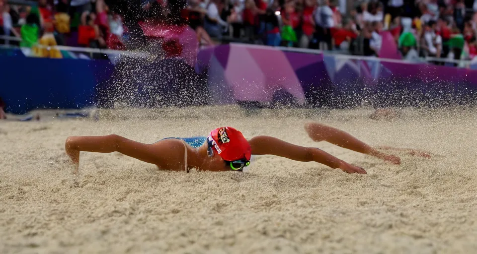 Image similar to olympic swimming in sand instead of water, extremely coherent, motion blur