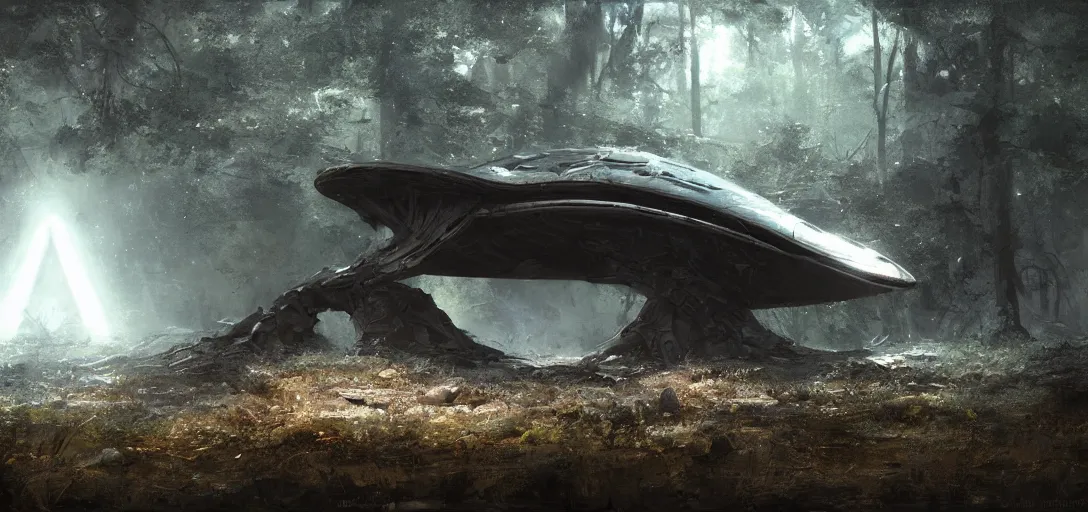 Image similar to an alien spaceship half-buried in the woods, by Craig Mullins, cinematic lighting, concept art, trending on artstation