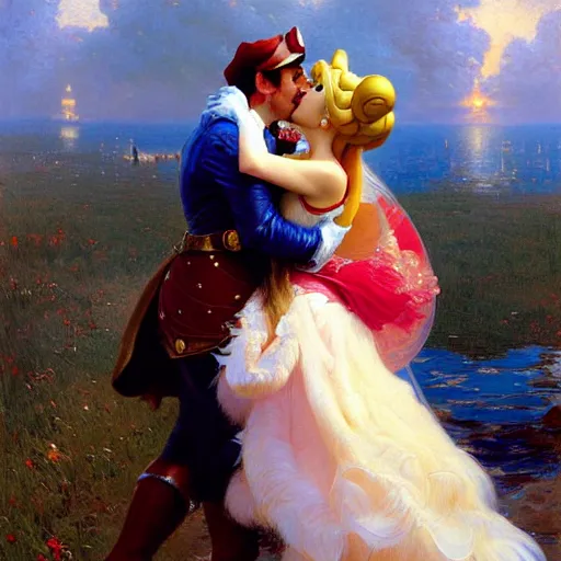 Image similar to a portrait of a super mario kissing princess peach. highly detailed painting by gaston bussiere, craig mullins, j. c. leyendecker, furry