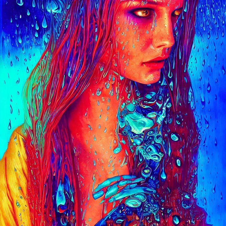 Image similar to bright asthetic portrait of LSD in rain with wet hair and face, liquid, fantasy, intricate, elegant, dramatic lighting, highly detailed, lifelike, photorealistic, digital painting, artstation, illustration, concept art, smooth, sharp focus, art by John Collier and Albert Aublet and Krenz Cushart and Artem Demura and Alphonse Mucha