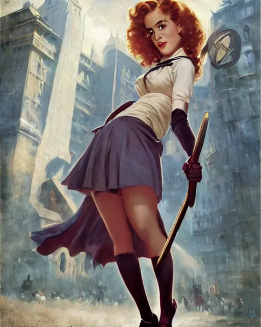 Image similar to pinup photo of hermione granger by emma watson in the crowded square of the city, by greg rutkowski, gil elvgren, enoch bolles, kezie demessance, glossy skin, pearlescent, very coherent, very detailed