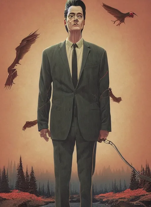 Prompt: Twin Peaks movie poster artwork by Michael Whelan and Tomer Hanuka, Karol Bak, Rendering of Kyle MacLachlan resists the body horror, from a scene from Twin Peaks, clean, full of detail, Matte painting, trending on artstation and unreal engine