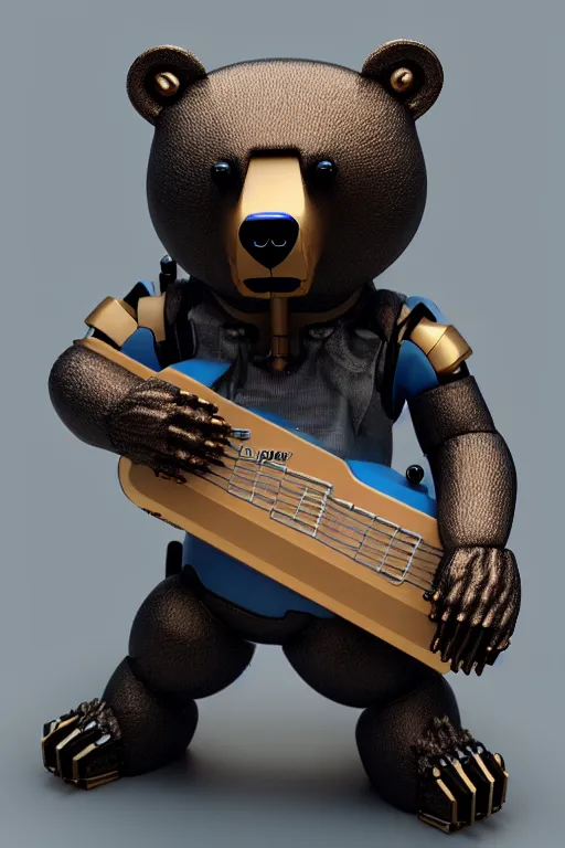 Image similar to high quality 3 d render cyborg bear! plays a cyberpun guitar, cyberpunk highly detailed, unreal engine cinematic smooth, in the style of blade runner, hannah yata charlie immer, moody light, low angle, uhd 8 k, sharp focus