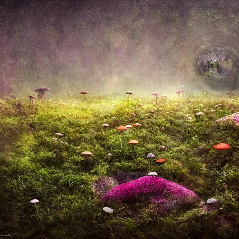 Image similar to a planet of various fungus, mushrooms, flowers and plants, inside the picture is infinity, Atmospheric, artistic photography, conceptual, long exposure outside the city, volumetric light