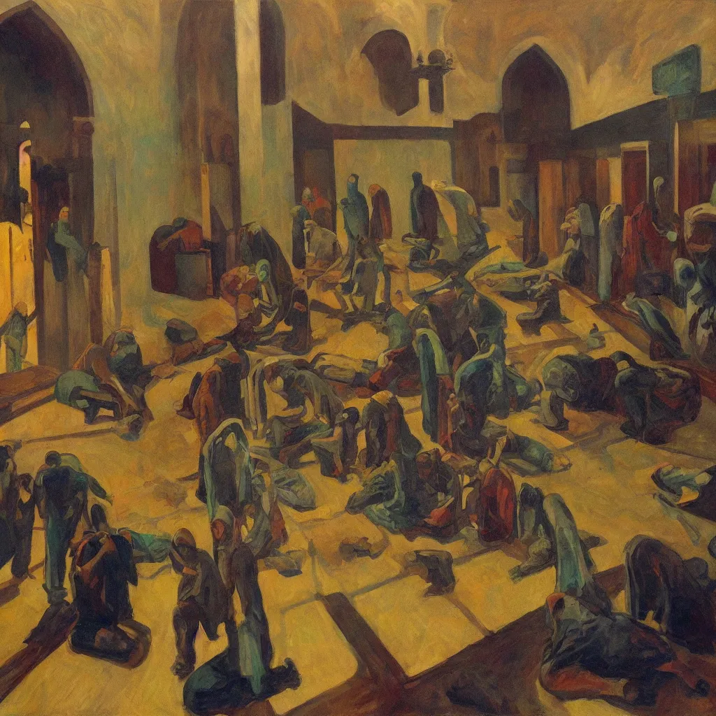 Prompt: apocalyptic scene,prayer,occult,refugees,mosque synagogue interior,gas masks,geometric art,patina,edward hopper