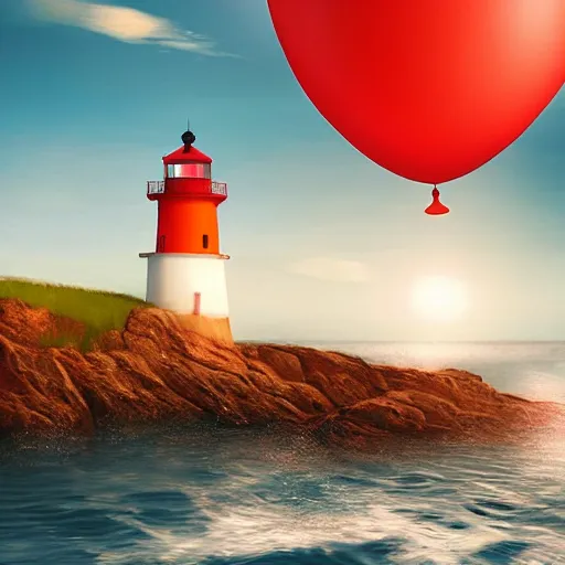 Image similar to plenty of floating birthday balloons. beautiful sea with a lighthouse. digital art, highly - detailed, artstation cgsociety masterpiece