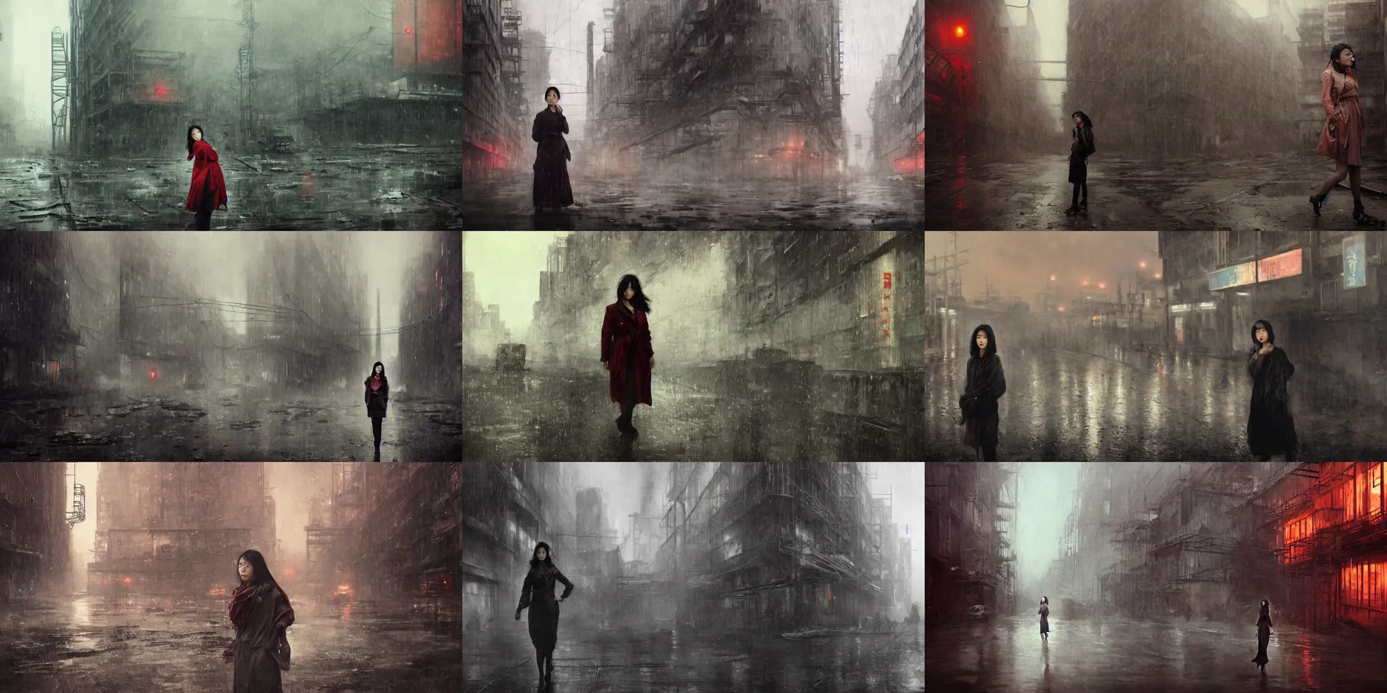 Prompt: an asian woman, beautiful face, in abandoned industrial city with towering factories, fire escapes, scaffolding, smokestacks, and distant red lights at night in the rain, dark moody lighting, innocent look, post - apocalyptic, desolate, by jeremy mann and alphonse mucha, dramatic lighting, ethereal, stunning, breathtaking, awe - inspiring award - winning, 8 k