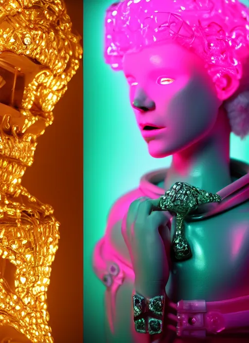 Image similar to photo of fullbodied baroque and bladerunner delicate neon diamond sculpture of seductive ceramic albino marble prince brian whittaker dotado mint iridescent humanoid deity wearing pink plastic fluffy hoody holding diamond skull in a white alien dungeon, reclining, glowing magenta face, crown of white diamonds, cinematic lighting, photorealistic, octane render 8 k depth of field 3 d