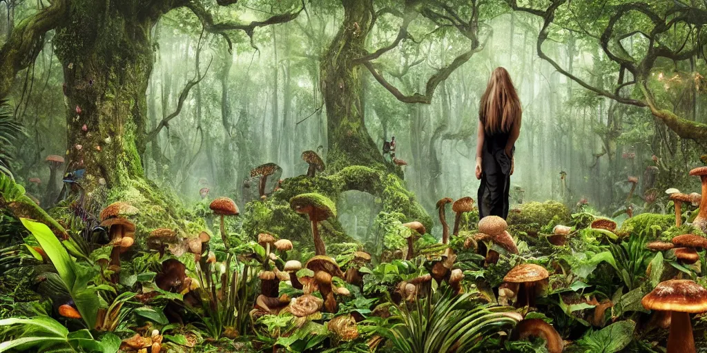 Image similar to extra wide view. person made of mushrooms standing in a marvelous magic forest jungle inhabited with fantastic creatures. iridescent. annihilation. hyper - detailed. hyperreal. unreal render.