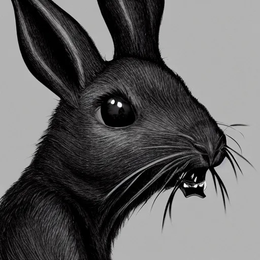 Image similar to A extremely highly detailed majestic hi-res beautiful, highly detailed head and shoulders portrait of a scary terrifying, horrifying, creepy black cartoon rabbit with scary big eyes, earing a shirt laughing, lets be friends, in the style of Walt Disney