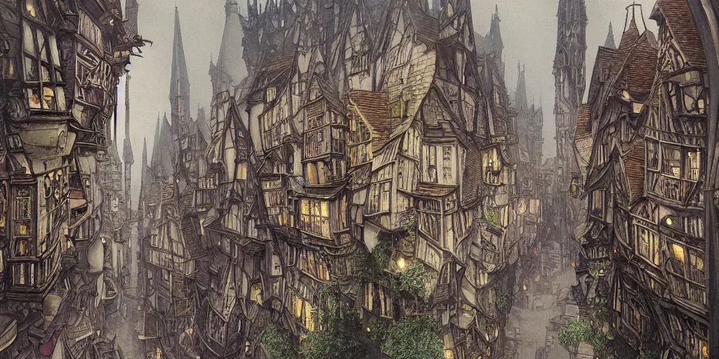 Prompt: a low - angle render of a multi - level steep gothic dickensian village, art nouveau, baroque winding cobbled streets, style of arcane, magic the gathering, misty alleyways, tiled roofs, balconies, medieval tumbledown houses, st cirq lapopie, by ian mccaig, brian froud and mucha and alan lee