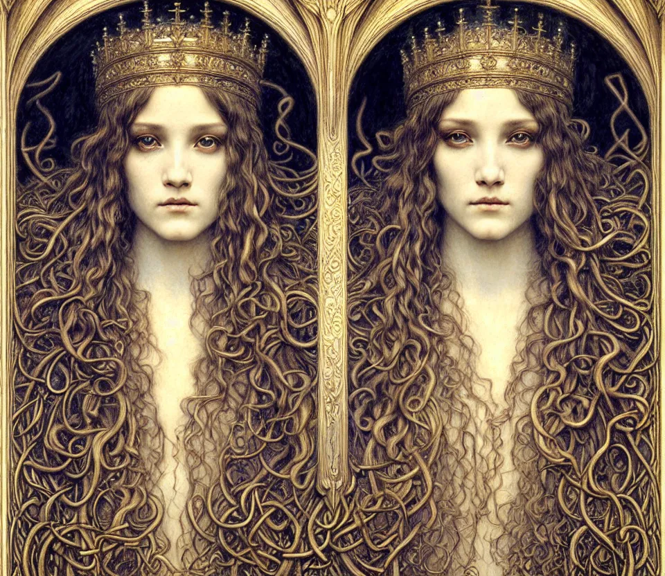 Image similar to detailed realistic beautiful young medieval queen face portrait by jean delville, gustave dore and marco mazzoni, art nouveau, symbolist, visionary, gothic, pre - raphaelite. horizontal symmetry