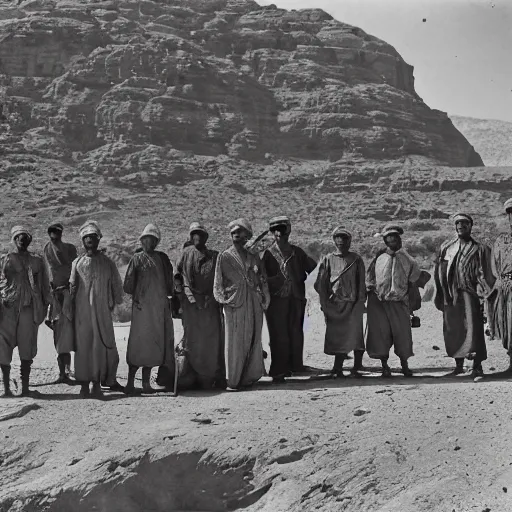 Image similar to ultra detailed photorealistic sepia - toned photo from 1 9 1 7, a small group of british soldiers standing with bedouin traders in traditional arab garb, at an archaeological dig site in wadi rum, ultra realistic, painted, intricate details, lovecraft, atmospheric, dark, horror, brooding, highly detailed, by clyde caldwell