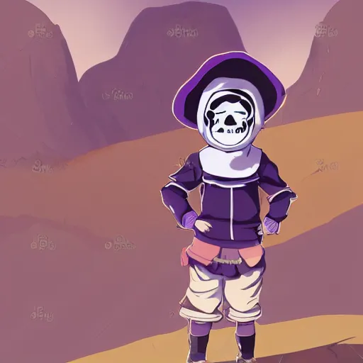 Prompt: cute little boy wearing an skull mask and dressed in an nun outfit in desert, purple color palette, artwork made in heikatsu art syle, inspired in made in abyss and hirohiko araki, ray tracing, soft details