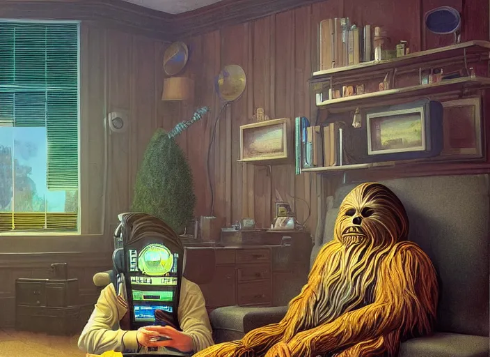 Image similar to wookiee is comfy at home trading crypto. the charts are at all time highs, huge gains, painting by grant wood, 3 d rendering by beeple