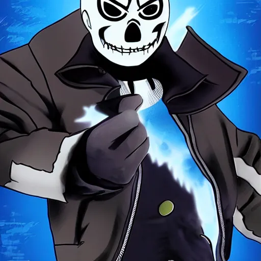 Image similar to Sans from undertale drawn in Jojo's Bizarre Adventure doing a jojo pose