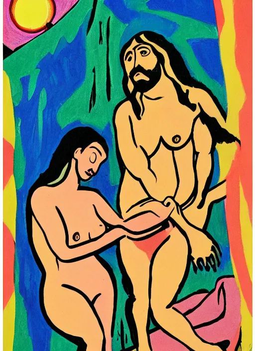 Image similar to painting of jesus being seductively unrobed by a mysterious woman, 8 k cel shading, pivix, in the style of ernst ludwig kirchner