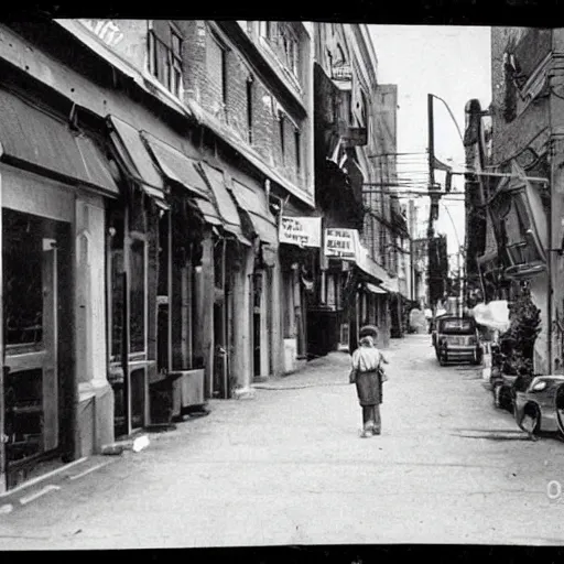 Prompt: old photograph of sci-fi city street