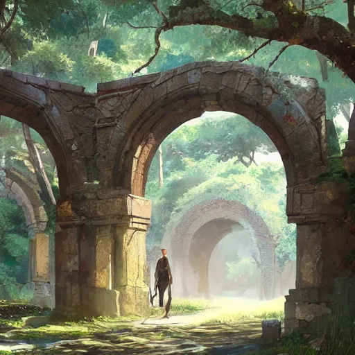 Image similar to concept art painting of an ornate ancient stone archway, in the woods, realistic, detailed, cel shaded, in the style of makoto shinkai and greg rutkowski and james gurney