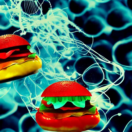 Image similar to hamburger mix jellyfish, cg, 8 k, sharp focus, style by andy warhol