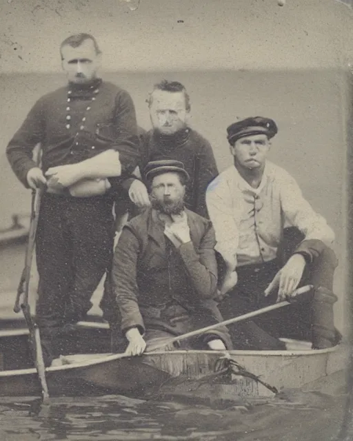 Image similar to tintype of four 19th century sailors stranded at sea in a small rowboat, photorealistic