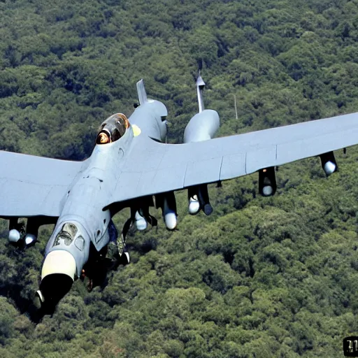 Prompt: a-10 warthog, bombs, explosions, dense jungle, Ariel shot