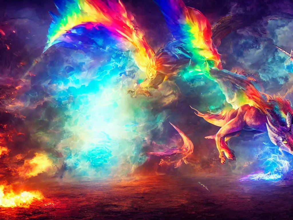 Prompt: unicorn dragon spitting rainbow fire 8k ultra realistic , lens flare, atmosphere, glow, detailed, intricate, full of color, cinematic lighting, trending on artstation, 4k, hyper realistic, focused, extreme details, unreal engine 5, cinematic, masterpiece, wallpaper