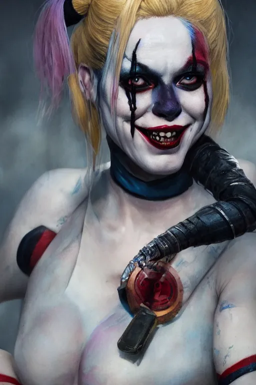 Image similar to a portrait of a scary Harley Quinn by Greg Rutkowski, Sung Choi, Mitchell Mohrhauser, Maciej Kuciara, Johnson Ting, Maxim Verehin, Peter Konig, final fantasy , mythical, 8k photorealistic, cinematic lighting, HD, high details, atmospheric,