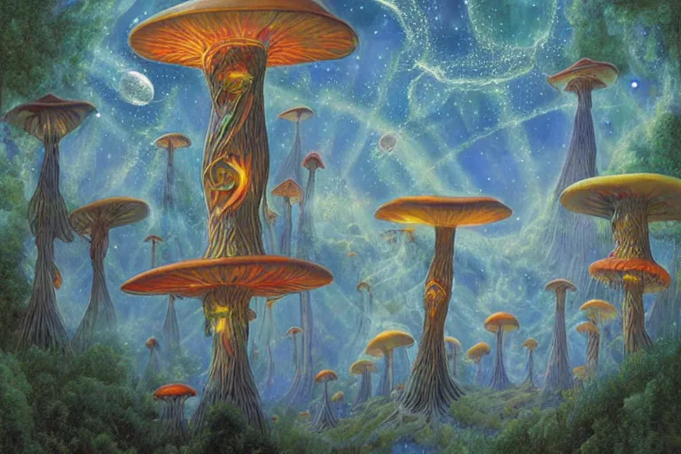 Image similar to how magic mushrooms can take us to the farthest reaches of innerspace, painting by james gurney