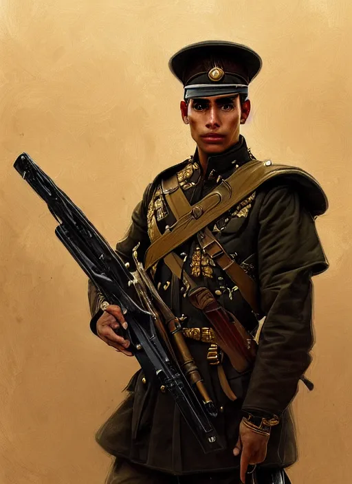 Image similar to portrait of stoic looking young peruvian soldier, military uniform, black hair, thick eyebrows, fantasy, intricate, elegant, highly detailed, centered, dark, smokey, digital painting, artstation, concept art, smooth, sharp focus, illustration, art by artgerm and greg rutkowski and alphonse mucha