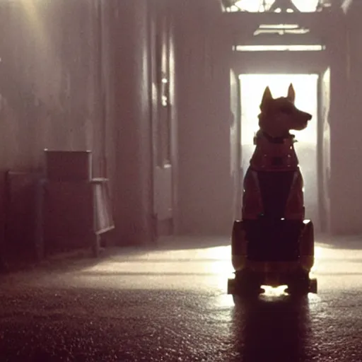 Image similar to movie still of dog robot white swiss shepperd, cinematic composition, cinematic light, criterion collection, by edgar wright