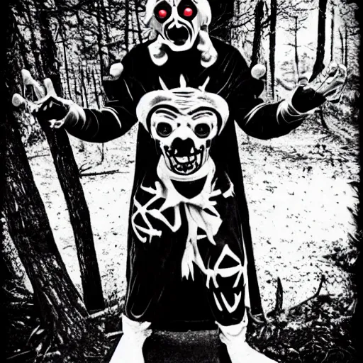 Image similar to vladimir putin demonic horror jester face on four legs, wearing teletubby costume, polaroid black and white picture, night, glowing eyes, creepypasta, in forest 1 9 th century, scary horrifying satanic rituals, hell gate warhammer 4 0 k style