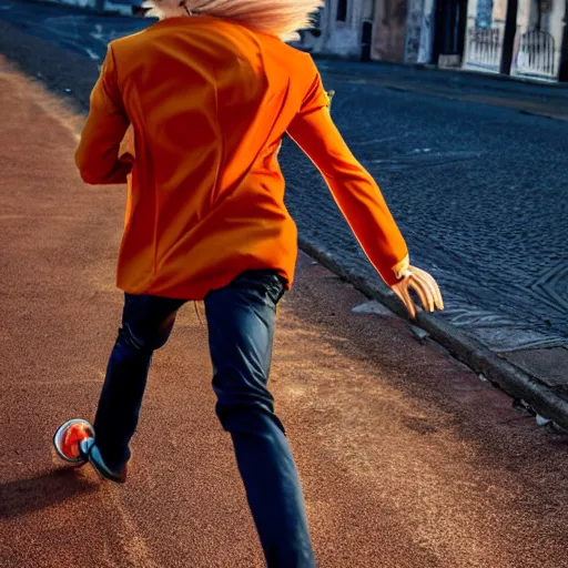 Image similar to orange - haired anime boy, 1 7 - year - old anime boy with wild spiky hair, wearing red jacket, running through italian town, yellow sunshine, sepia sun, ultra - realistic, sharp details, subsurface scattering, intricate details, hd anime, 2 0 1 9 anime