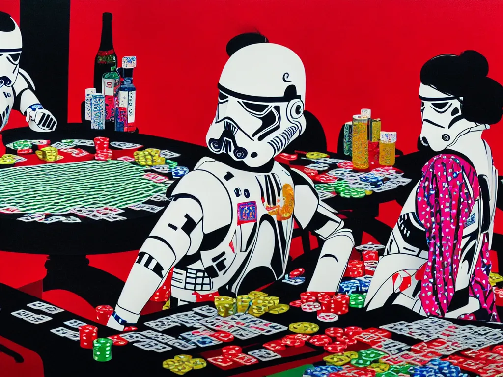 Image similar to hyperrealism composition of the detailed single woman in a japanese kimono sitting at an extremely detailed poker table with stormtrooper, fireworks, river on the background, pop - art style, jacky tsai style, andy warhol style, acrylic on canvas