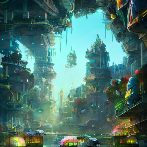 Image similar to a utopian city, filled with fauna, with bubbles floating around everywhere, dynamic lighting, fantasy concept art, trending on art station, stunning visuals, creative, cinematic, ultra detailed