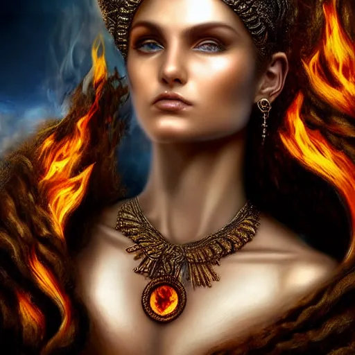 Prompt: perfectly centered close up portrait of goddess of fire, perfect human female specimen, candid photography, by anne stokes, highly detailed