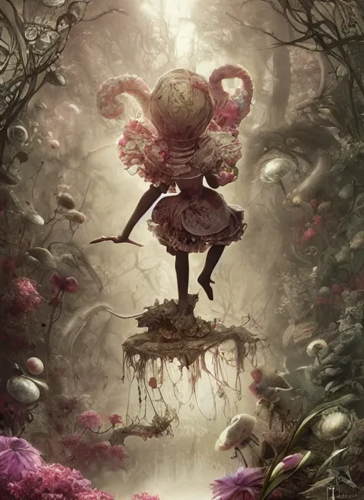 Image similar to Alice in Wonderland,highly detailed,cinematic,8k,by Stanley Artgermm,Tom Bagshaw,Greg Rutkowski,Carne Griffiths, Ayami Kojima, Beksinski, Giger,Anne Stokes, Benjamin Lacombe,trending on DeviantArt,hyper detailed,horror, full of colour