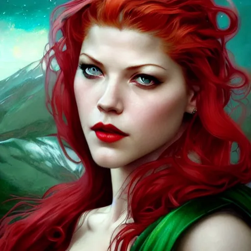 Image similar to beautiful Katheryn Winnick with red hair and a green gem on her forehead and dark red lips, closeup, D&D, fantasy, elegant, highly detailed, digital painting, artstation, concept art, matte, sharp focus, illustration, art by Artgerm and Greg Rutkowski and Alphonse Mucha