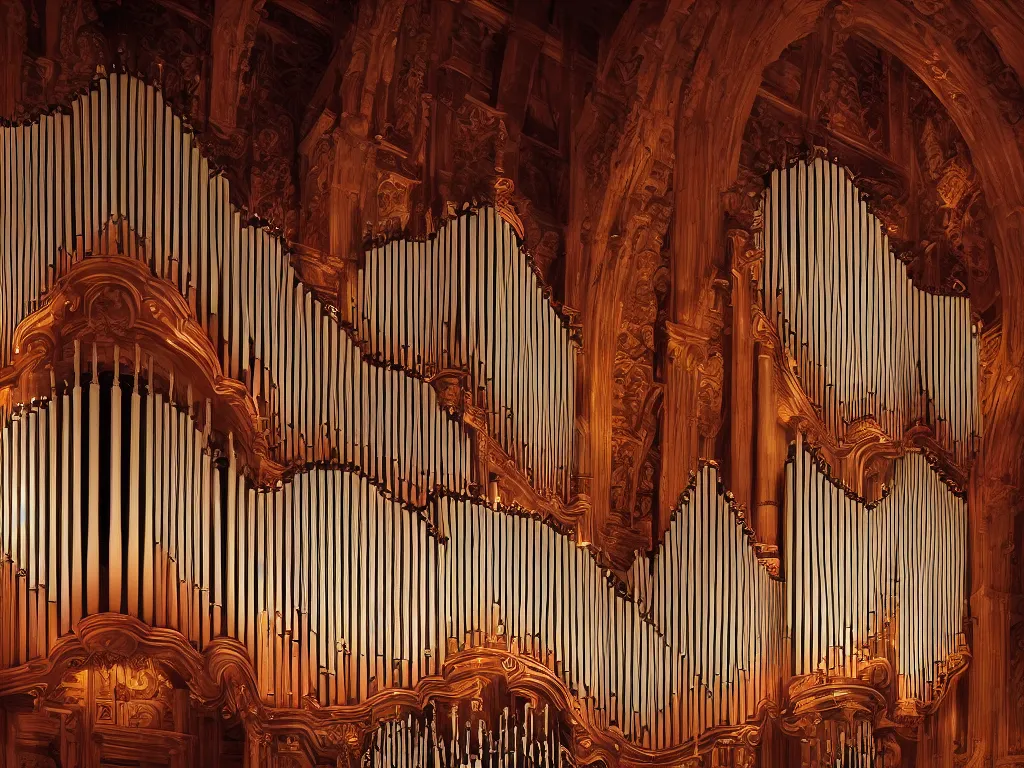 Image similar to hyper realistic photo of a luxury pipe organ volumetric lights