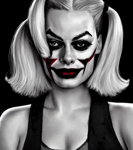 Image similar to a realism drawing of margot robbie as harley quinn with joker makeup, in the style of den yakovlev, realistic face, black and white, realism, hyper realistic, highly detailed