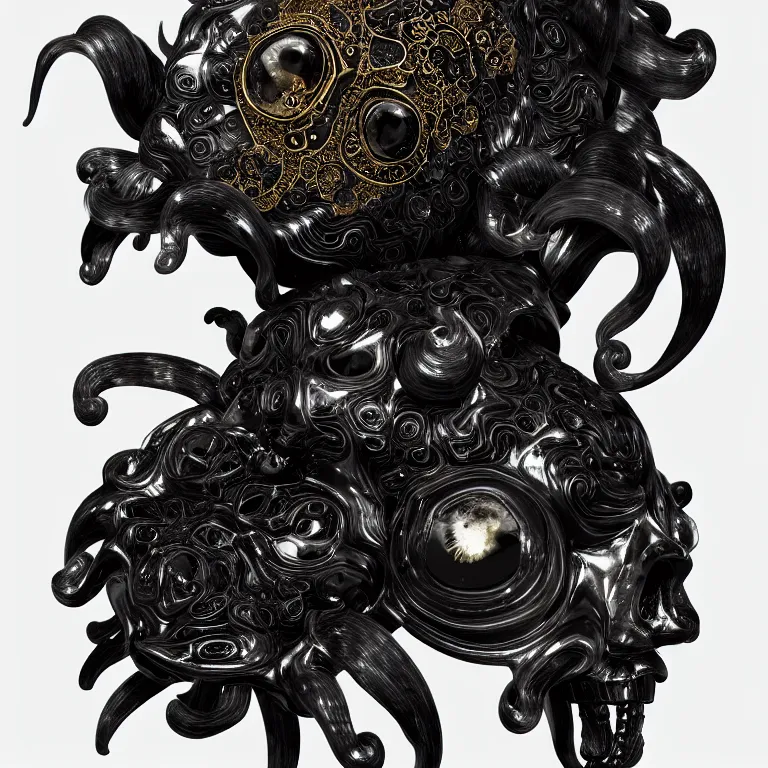 Image similar to black background. absolutely symmetrical sculpture. centered. goddess princess face close-up portrait ram skull. sculpture made of gold and black charcoal. jellyfish phoenix head, nautilus, orchid, skull, betta fish, bioluminiscent creatures, intricate artwork by Tooth Wu and wlop and beeple. octane render, trending on artstation, greg rutkowski very coherent symmetrical artwork. cinematic, hyper realism, high detail, octane render, 8k